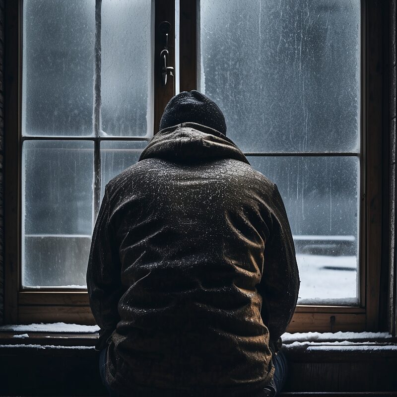 Mann schaut aus Fenster Mann schaut aus Fenster